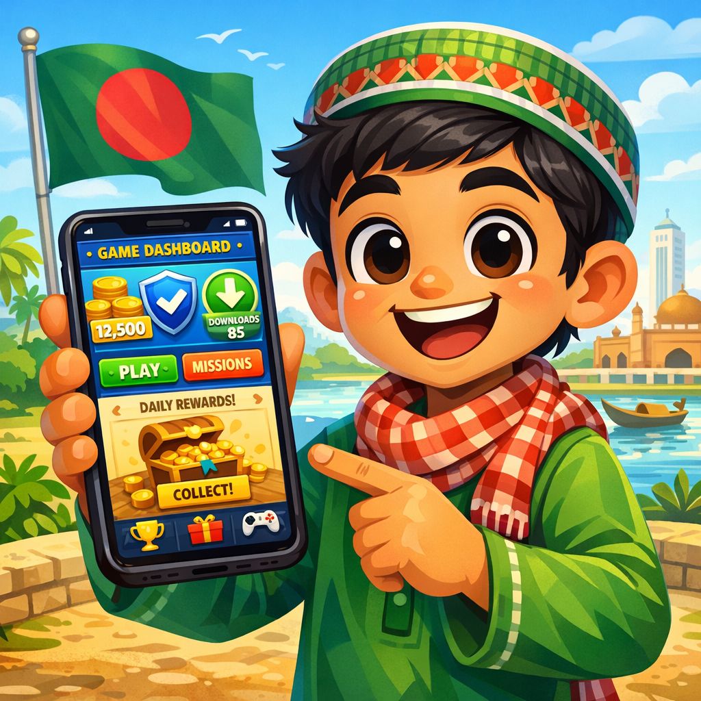 XX33 app cartoon character holding a smartphone with game icons and coins