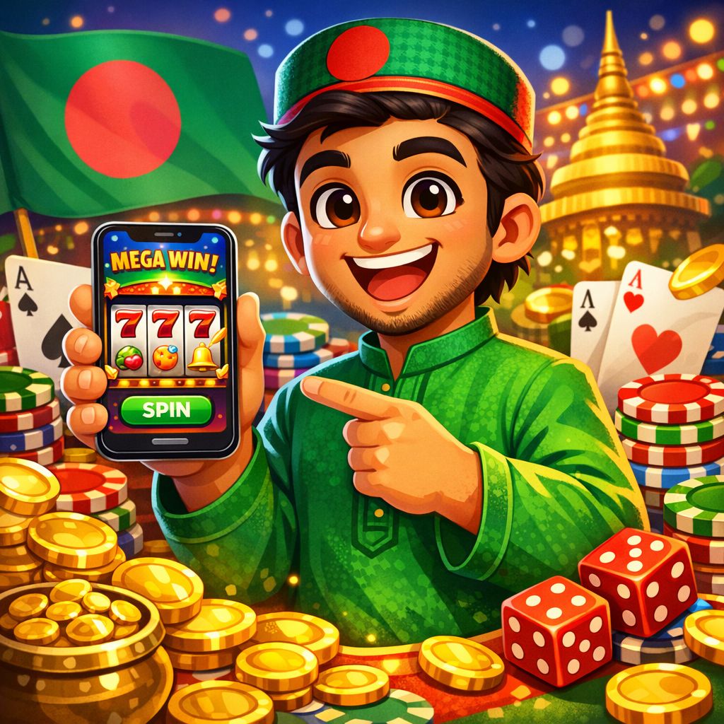 XX33 casino cartoon character with chips, cards, and a mobile phone showing casino games