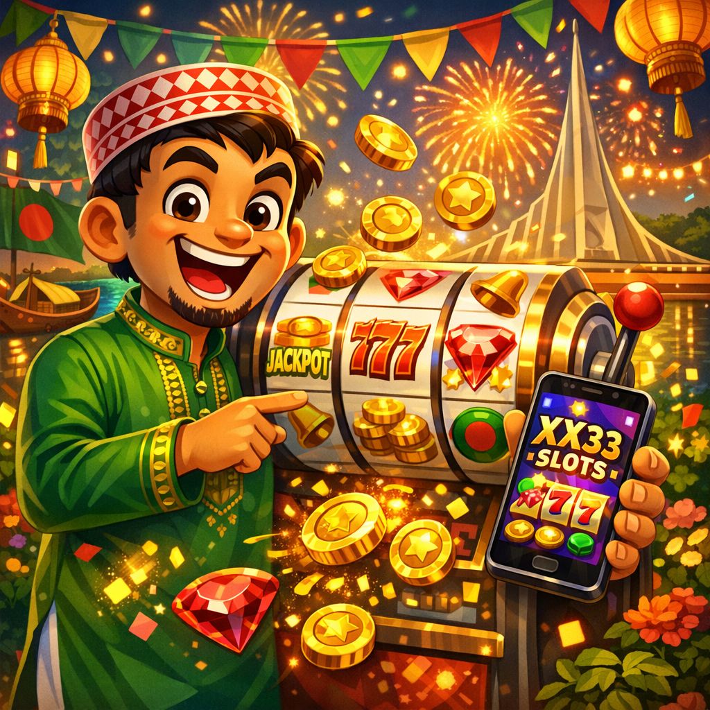 XX33 slots themed cartoon character spinning reels with coins and bonus symbols